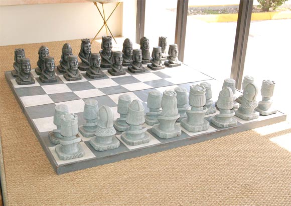 Wood Oversize concrete chess set.