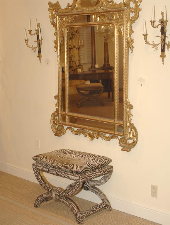 Custom Made Portugese Style 'Corona' Stool Upholstered in  Zebra Stamped Cow Hide with Nailhead Trim.