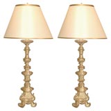 Antique Grand Scale Genovese Italian Hand Carved Gilt Wood Pricket Lamps