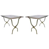 Pair of Italian Inlaid Marble End Tables with a Bronze Base