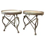 Pair bronze 
travertine tables.