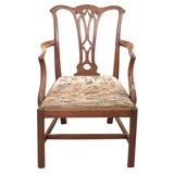 Antique English mahogany elbow chairs with needlepoint