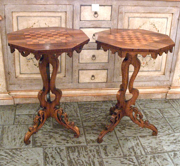 Pair antique chess top tables