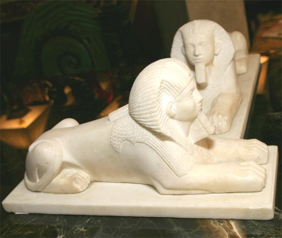 Egyptian Revival Pair of Carved Marble Sphinx