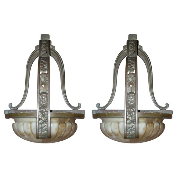 Pair of French Art Deco Alabaster Sconces For Sale