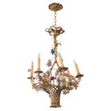 French bronze basket chandelier with porcelain flowers