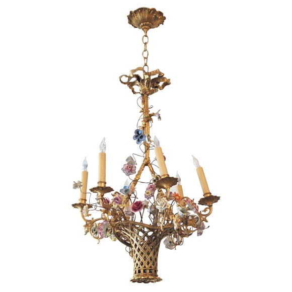 French Bronze Basket Chandelier With Porcelain Flowers At 1stdibs