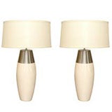 Pair of vintage crackle finish ceramic and brushed steel lamps