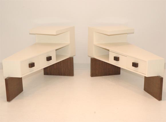 A pair of classic bedside tables designed by William Haines for the Master Bedroom of the Bergerman Residence at the Wilshire Terrace in Los Angeles, CA.  These tables show Haines' genius for melding high style with complete functionality and simple
