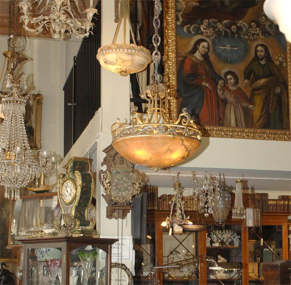 Early 20th Century Wrought Metal & Alabaster Ceiling Light