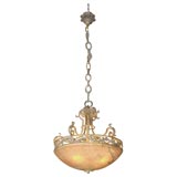 Early 20th Century Wrought Metal & Alabaster Ceiling Light