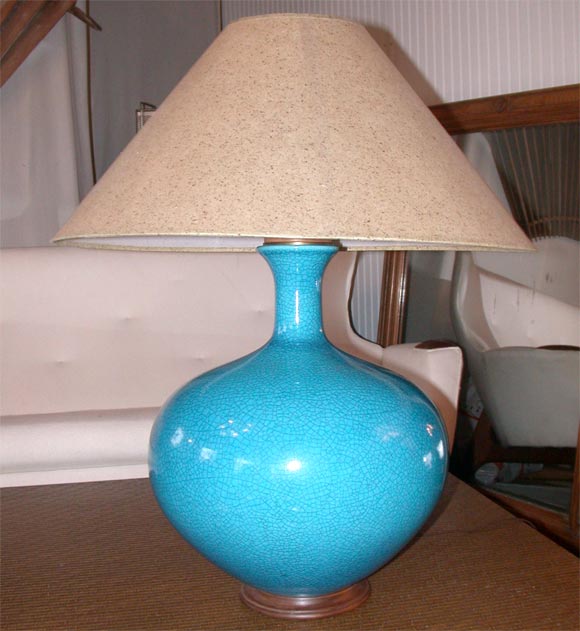 Mid Century turquoise crackle glaze lamp