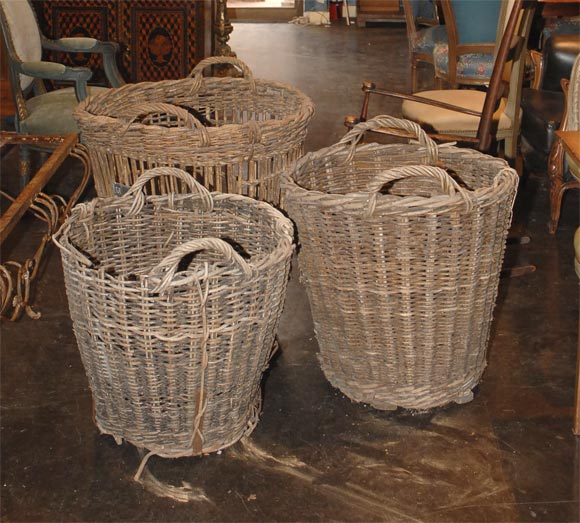 THREE DIFFERENT SIZED HANDMADE BASKETS USED FOR THE WOOL MARKET IN FRANCE IN THE 19TH CENTURY.PRICE IS FOR EACH BASKET.