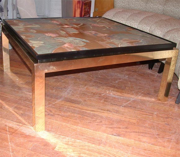 GLAMOROUS ORIENTAL TOOLED AND PAINTED COFFEE SCENE TABLE