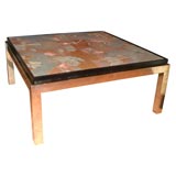 GLAMOROUS ORIENTAL TOOLED AND PAINTED COFFEE SCENE TABLE
