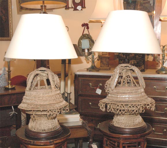 pair of oriental wicker lamps baskets