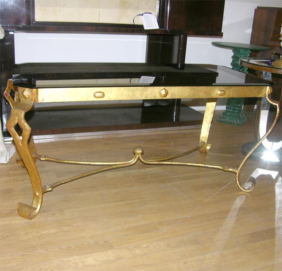 #3813 Gilt Wrought Iron Coffee Table with Black Glass Top