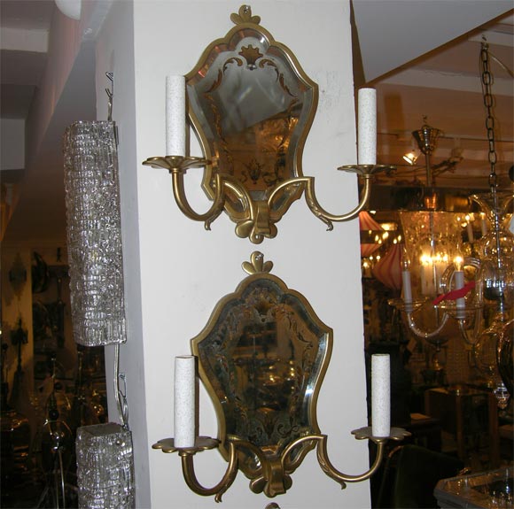 Pair of verre eglomise mirrored two-arm sconces