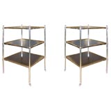 Pair of Brass and Leather Three Tier Occasional Tables