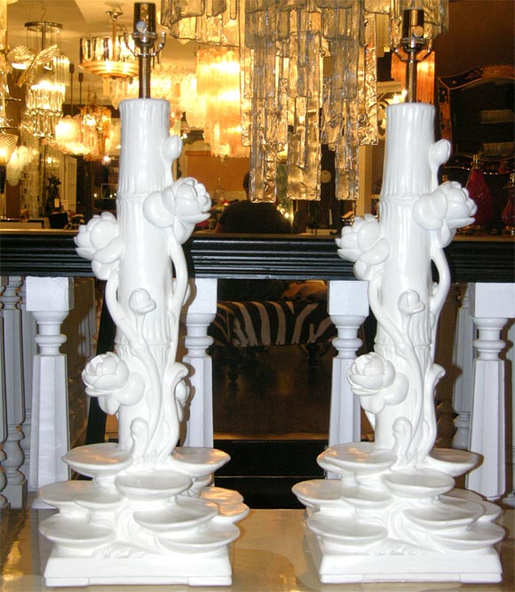 American Pair of White Ceramic Lotus Flower Lamps