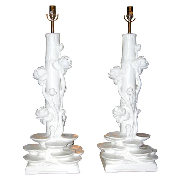 Pair of White Ceramic Lotus Flower Lamps