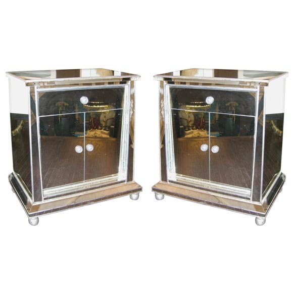 Custom Pair of Neoclassical Mirrored Cabinets or Commodes