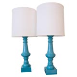 Pair of Blue Wood Lamps.