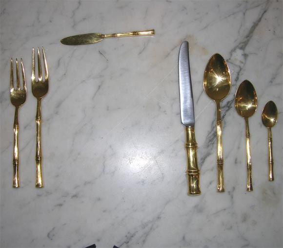 Bamboo Pattern , circa 1961., Sterling Silver 24K Gold Vermeil Service for 8, including Serving Fork,Spoon and a Ladle.59 Total Pieces
