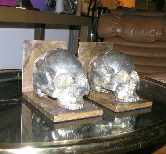Italian Bronze and Silver Skull Bookends
