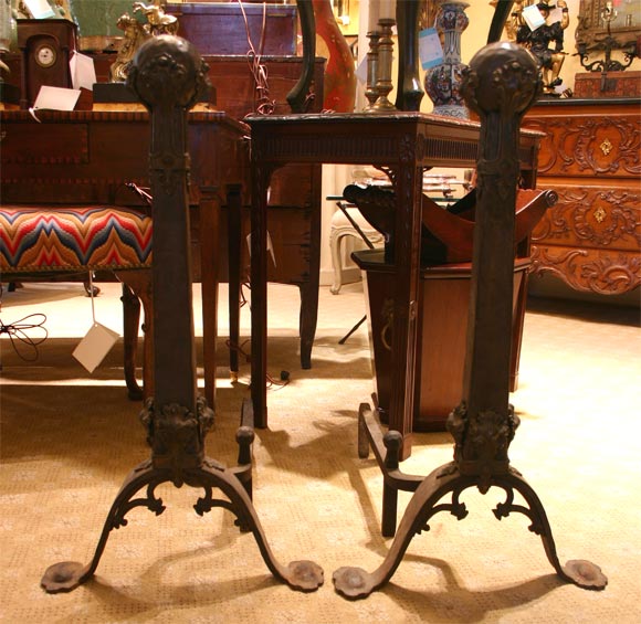 BROWN METAL ANDIRONS W/4 LEAVES HOLDING BALL FINIAL