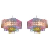 SPECTACULAR PAIR OF COLORED GLASS CHANDELIERS BY DANTE CERZA