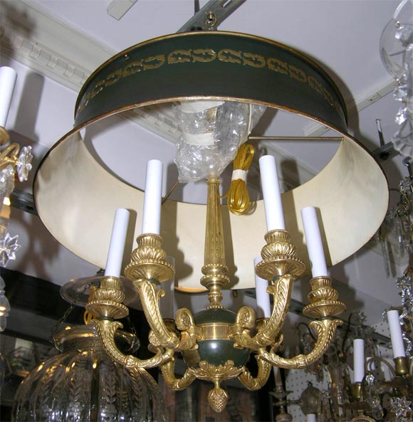 French fabulous bouillotte chandelier with original metal shade For Sale