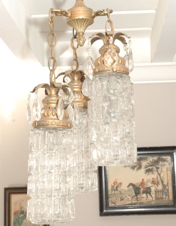 3 Pendant Ice Pattern Glass & Crystal 1960's chandelier or swag