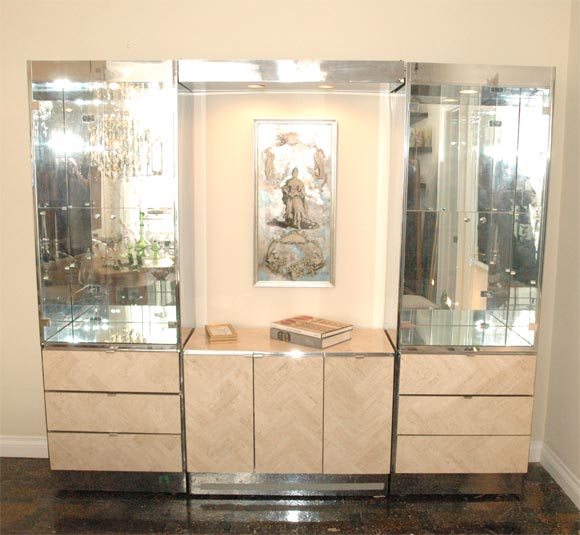 Large chrome and travertine entertainment unit by Ello. Chrome and laminated board. Can be used also as two towers (25