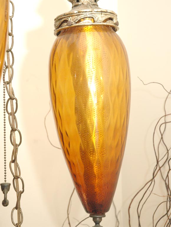 Italian 3 tier Amber Glass Chandelier or Swag Lamp For Sale