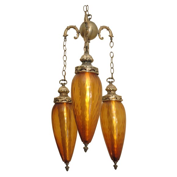 3 tier Amber Glass Chandelier or Swag Lamp For Sale