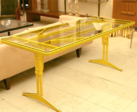 Yellow military campaign table with glass top.