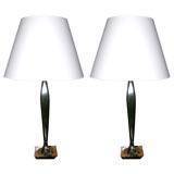 Pair of Black Lacquered  Lamps with Polished Nickel Base