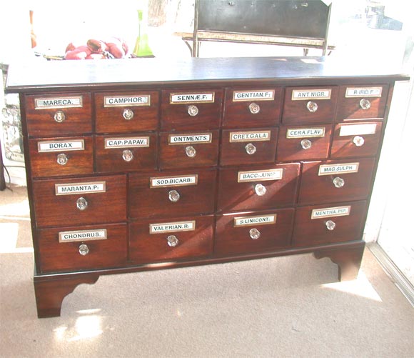 Mahogany Chest with Original Glass Knobs and Gilt Labels. Certainly a piece of a much larger Wall Unit, now with New Feet.The Narrow Depth of this Chest makes it functional in Hallways, Foyers and other tight spaces.