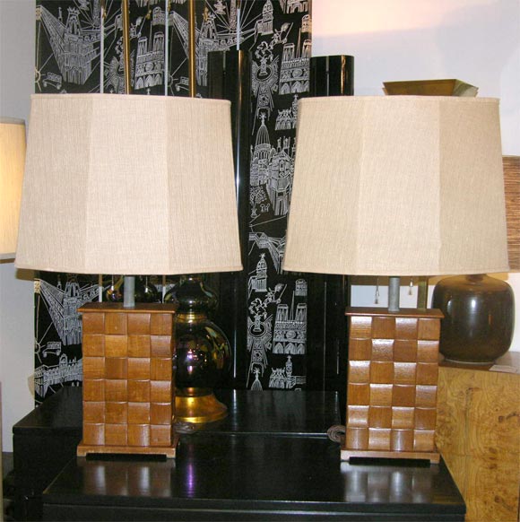 A striking pair of rectangular tower form table lamps by Paul Laszlo for Brown Saltman. American, circa 1950.