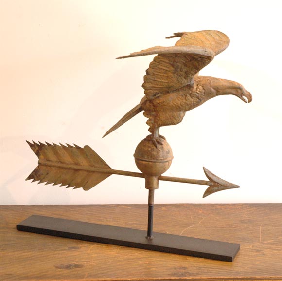 19THC ORIGINAL PAINTED COPPER EAGLE WEATHER VANE ON IRON MOUNT