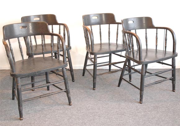 19THC ORIGINAL BLACK PAINTED BARREL BACK CAPTAIN CHAIRS IN A WONDERFUL PATINA . THESE CHAIRS CAME OUT FROM NEW ENGLAND.