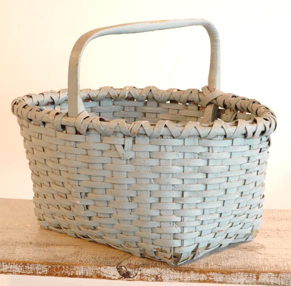 19THC ORIGINAL BLUE PAINTED BASKET GREAT EARLY HANDMADE FORM AND MINT CONDITION