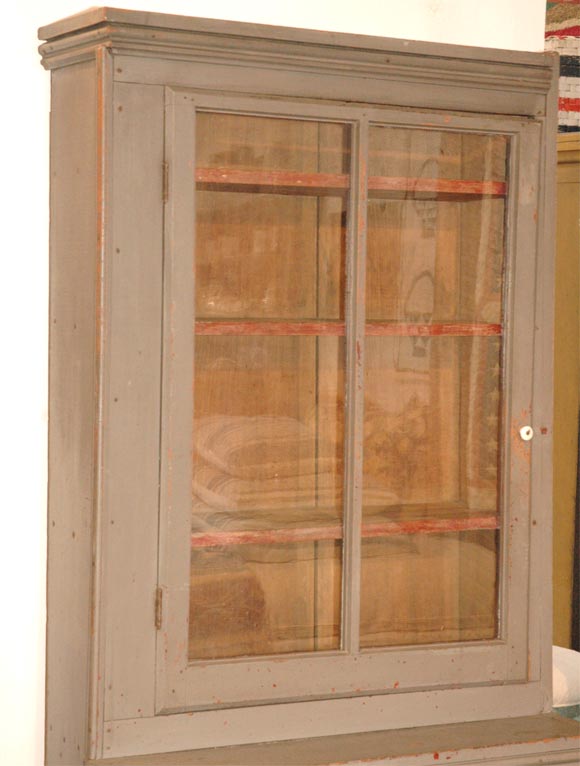 American 19THC FOLKY ORIGINAL GREY OVER RED PAINTED STEPBACK CUPBOARD