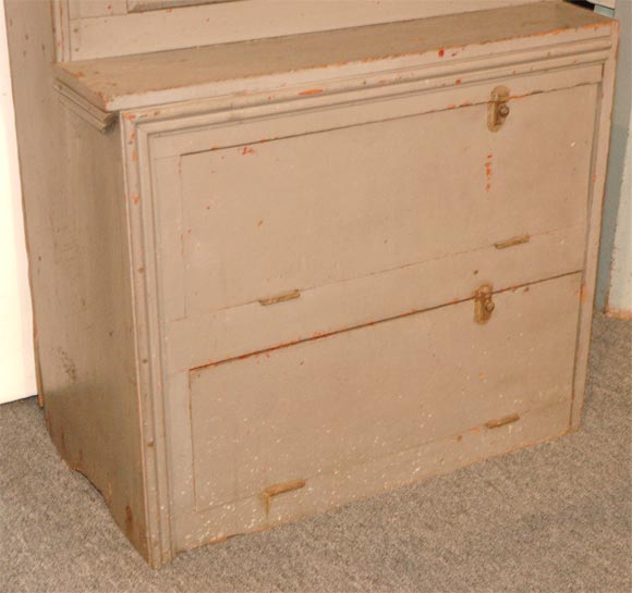 19th Century 19THC FOLKY ORIGINAL GREY OVER RED PAINTED STEPBACK CUPBOARD