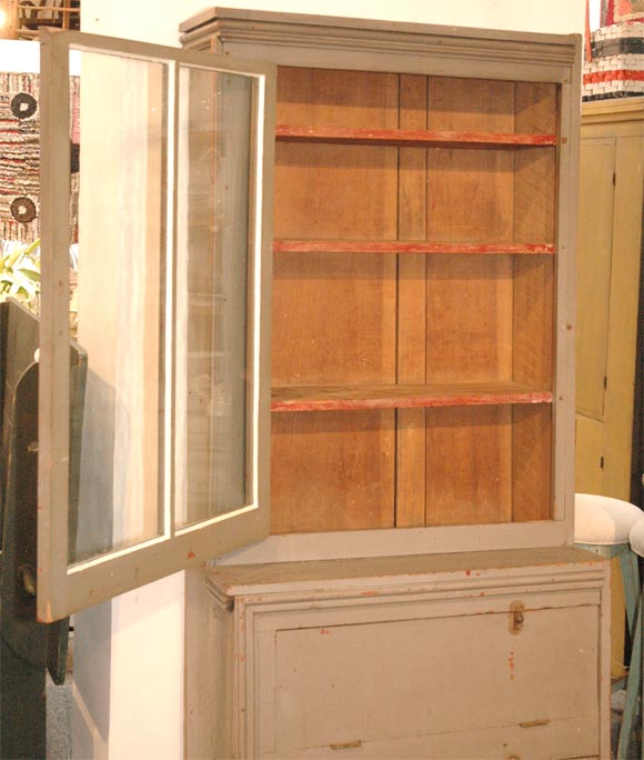 19THC FOLKY ORIGINAL GREY OVER RED PAINTED STEPBACK CUPBOARD 1