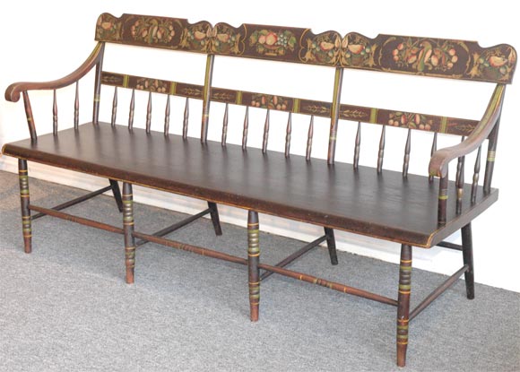 PRISTINE CONDITION HIGHLY DECORATED 19THC STENCILED ALL ORIGINAL PAINT WITH A BROWN FIRST COAT ,RARE ALL ORIGINAL STENCILED BIRDS WITH FRUIT AND CENTER PANEL WITH A URN OVERFLOWING  WITH FRUIT,THIS BENCH HAS THE MOST EXUBERUBANT PAINT. THE CONDITION