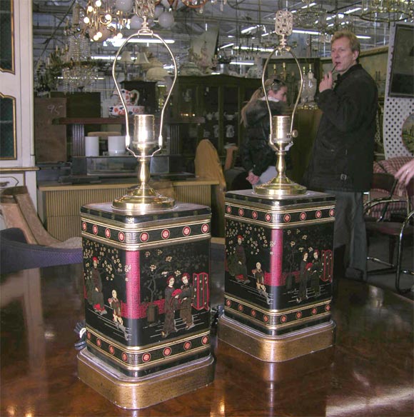 Pair Chinese Motif Tin Lamps