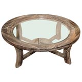 Paul Frankl dark walnut limed oak and glass  round coffee table.