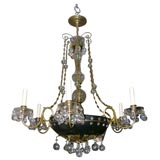 Bronze and Tole Chandelier with Etched Glass Body